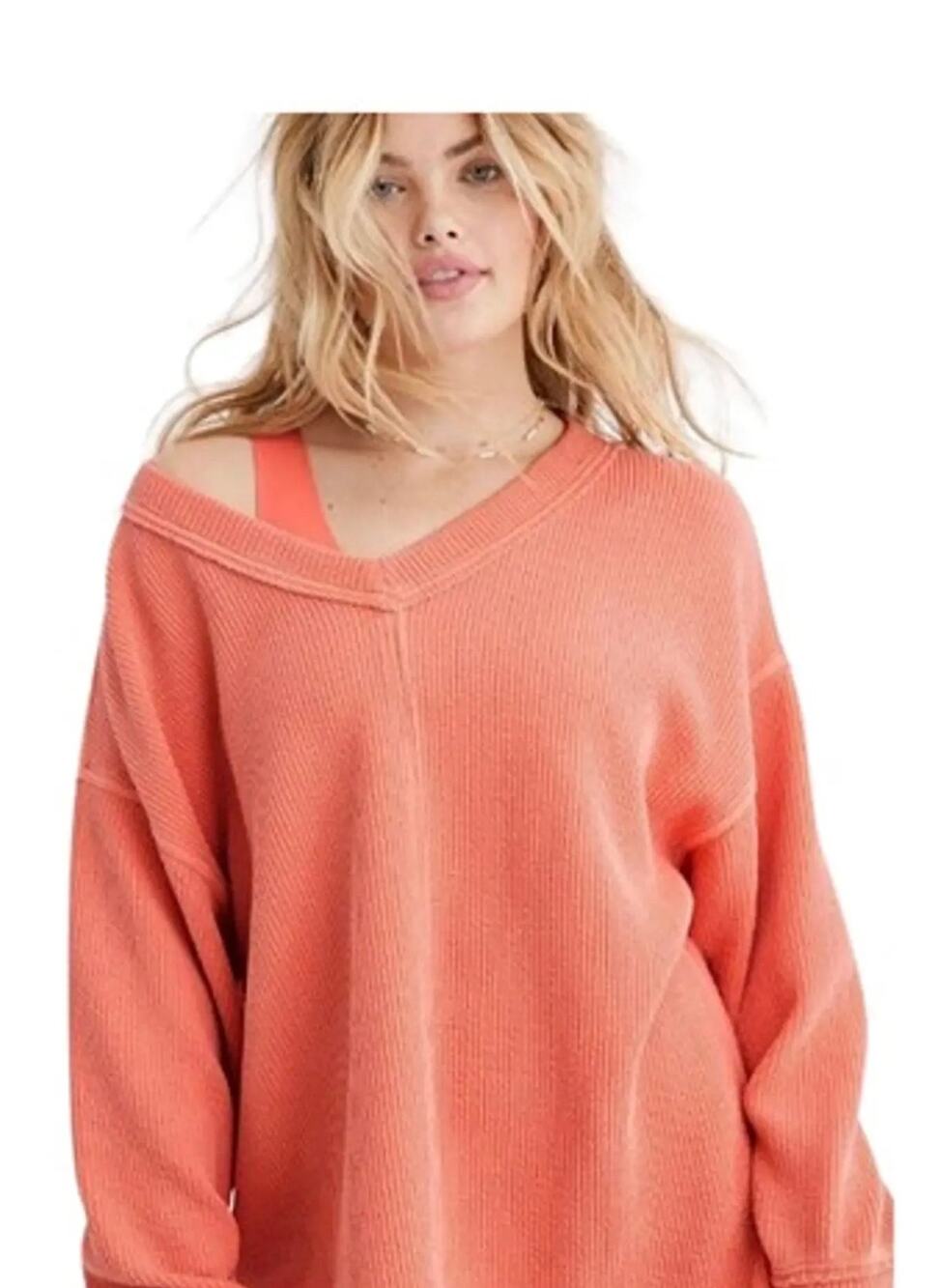 Aerie | V-Neck Salmon/Peach Off the Shoulder Casual Pullover FLAWED Preppy
